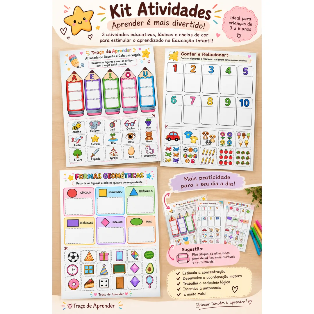 Kit de Atividades para Educação Infantil, Vogais, Números e Formas Geométricas PDF
