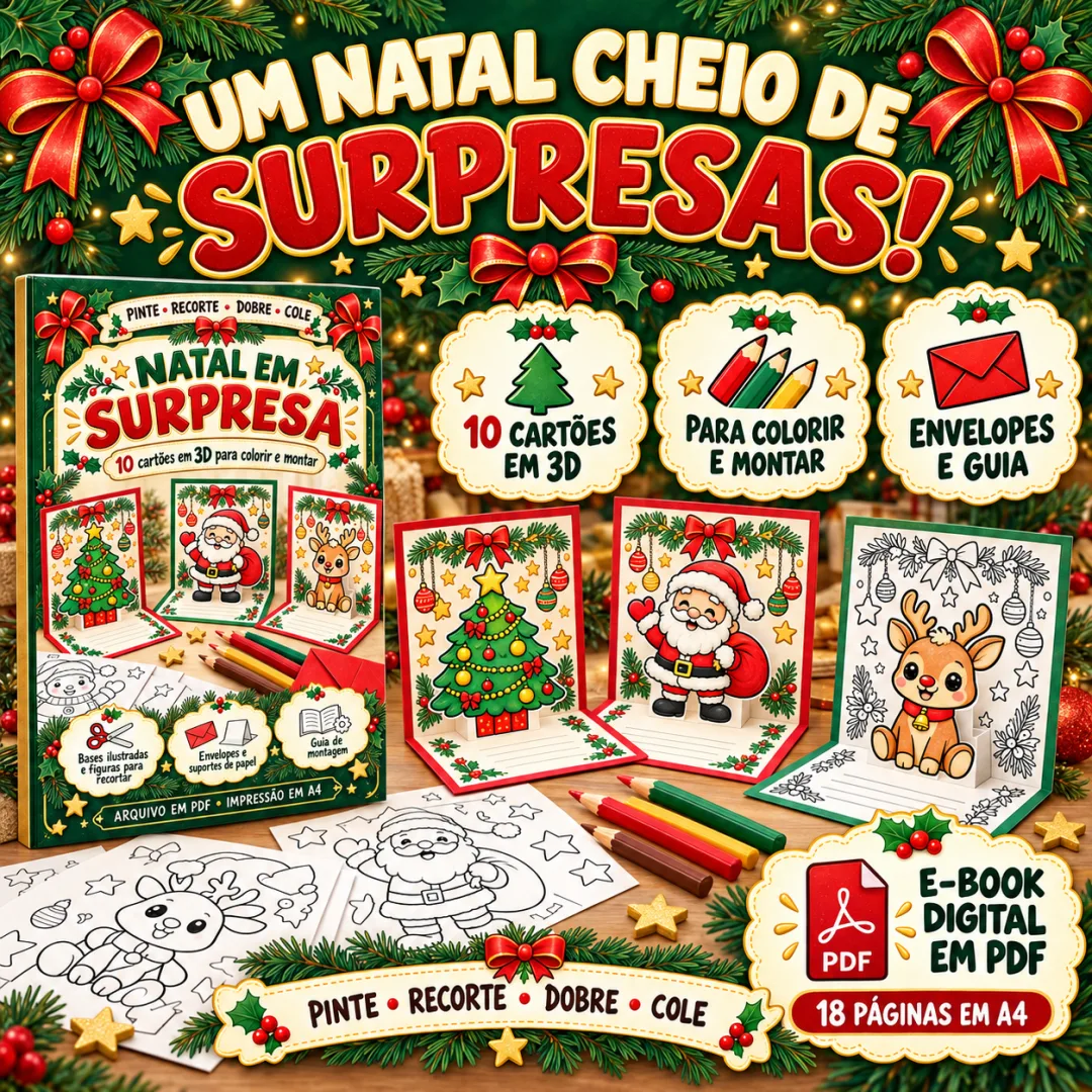 Kit de Cartões de Natal em 3D para Colorir e Montar nos Anos Iniciais em PDF