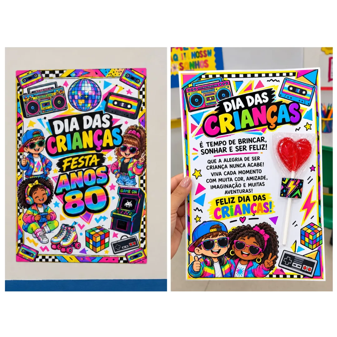 🎉 KIT DIA DAS CRIANÇAS – FESTA ANOS 80! 🕹️📼 💰6,90  Prepare uma comemoração superdivertida e cheia de nostalgia com e