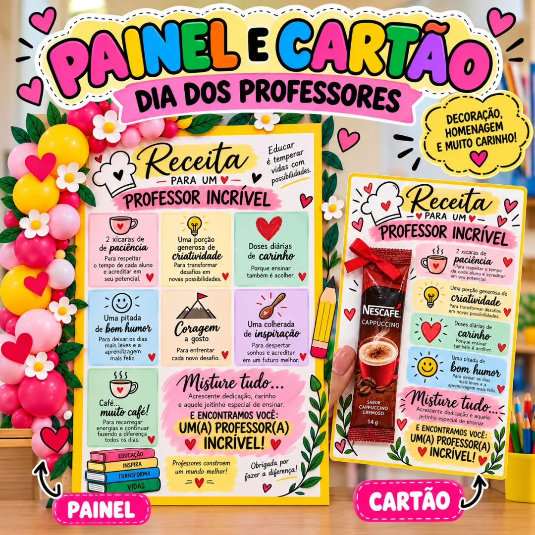 Kit Dia dos Professores Educação infantil ao 5º ano – Painel e Cartão para Professores em PDF