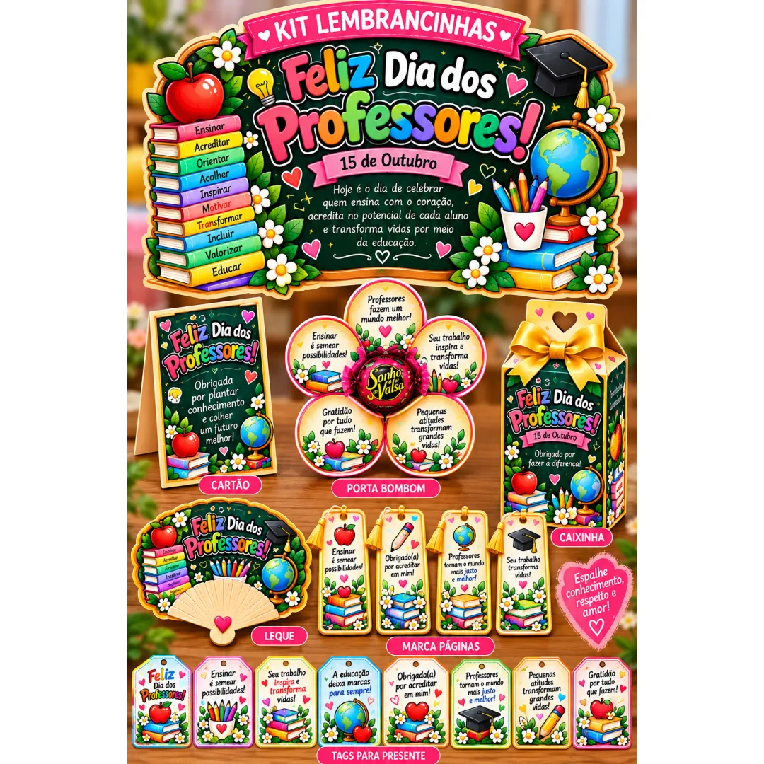 Kit Dia dos Professores - PDF pronto para imprimir Educação Infantil Fundamental. 
