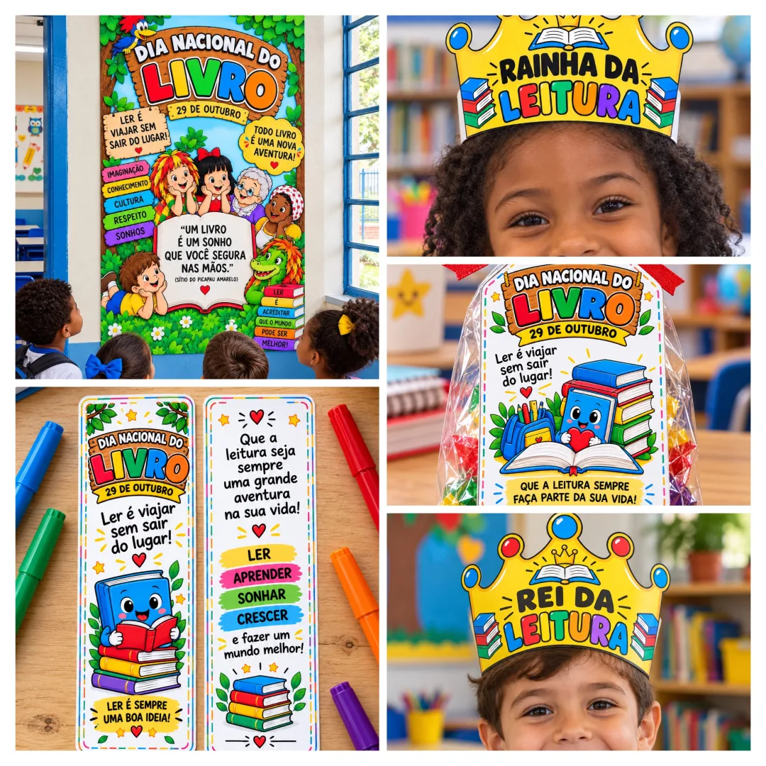 KIT – DIA NACIONAL DO LIVRO ✨📚 💰Kit Completo 12,00 💰 Painel 6,00 💰Marca página tag  6,00! ✅Deixe a escola ainda mais