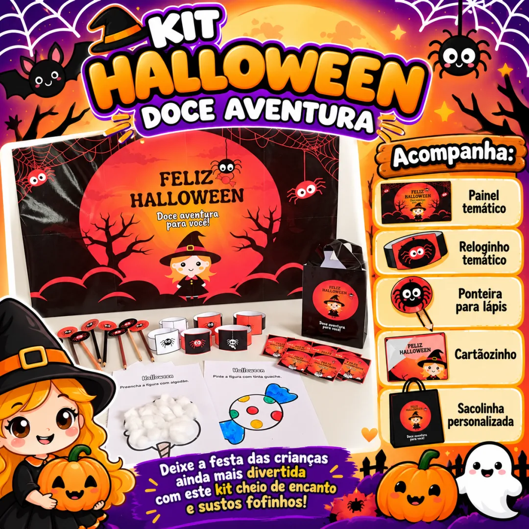 Kit Halloween Doce Aventura 1º ao 5º Ano – Painel e Lembrancinhas Em PDF