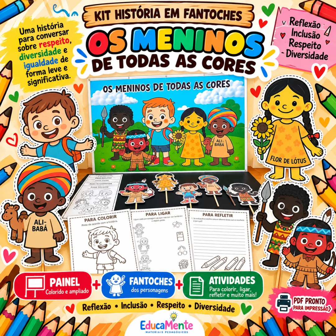 🧡 KIT HISTÓRIA EM FANTOCHES: "OS MENINOS DE TODAS AS CORES" | PAINEL + ATIVIDADES 🧡