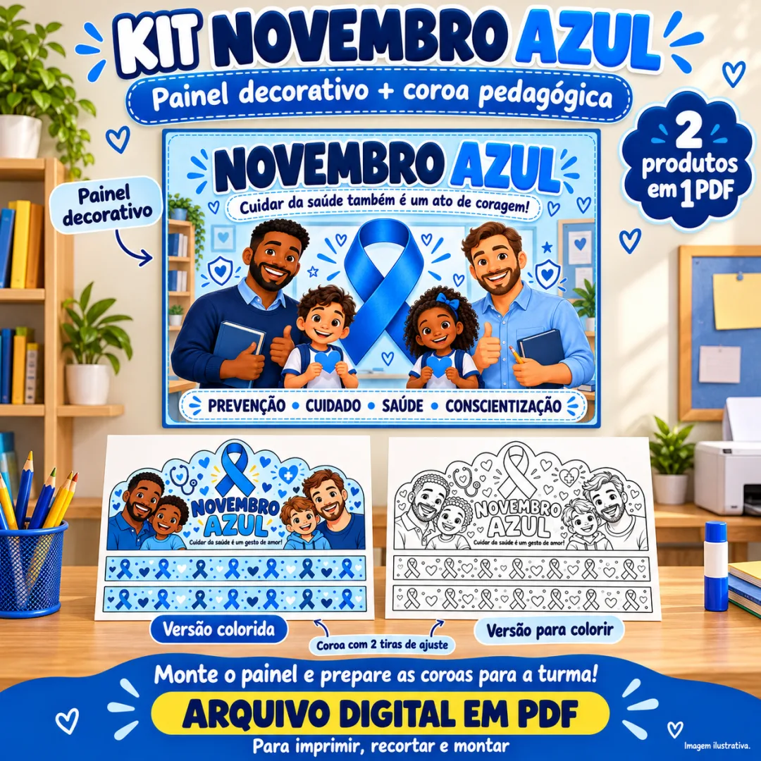 Kit Novembro Azul – Painel + Coroa PDF - Ed. Infantil ao 5º ano