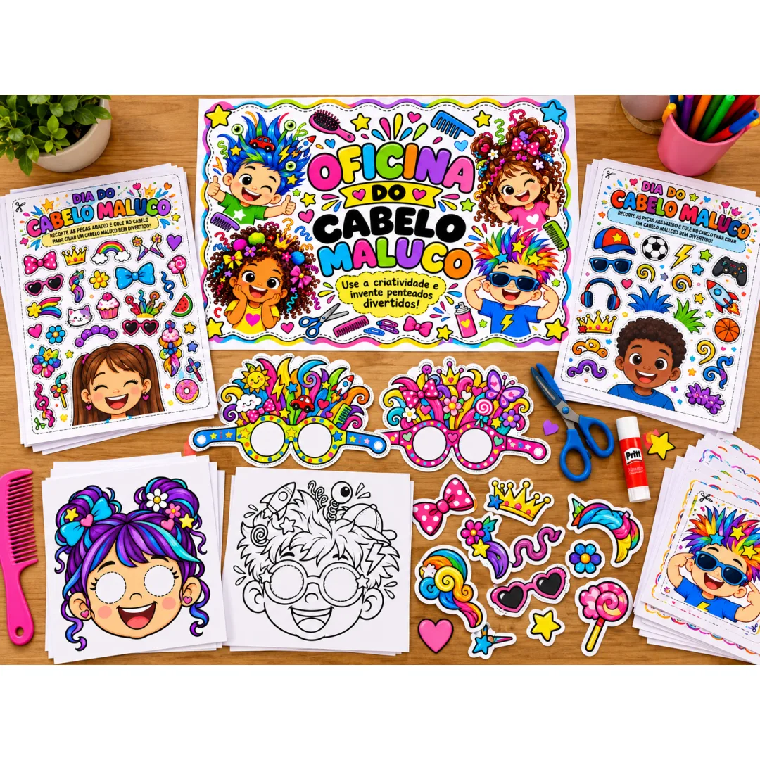Kit Oficina do Cabelo Maluco – Painel, Óculos, Máscaras e Atividades de Recorte em PDF para a Educação Infantil