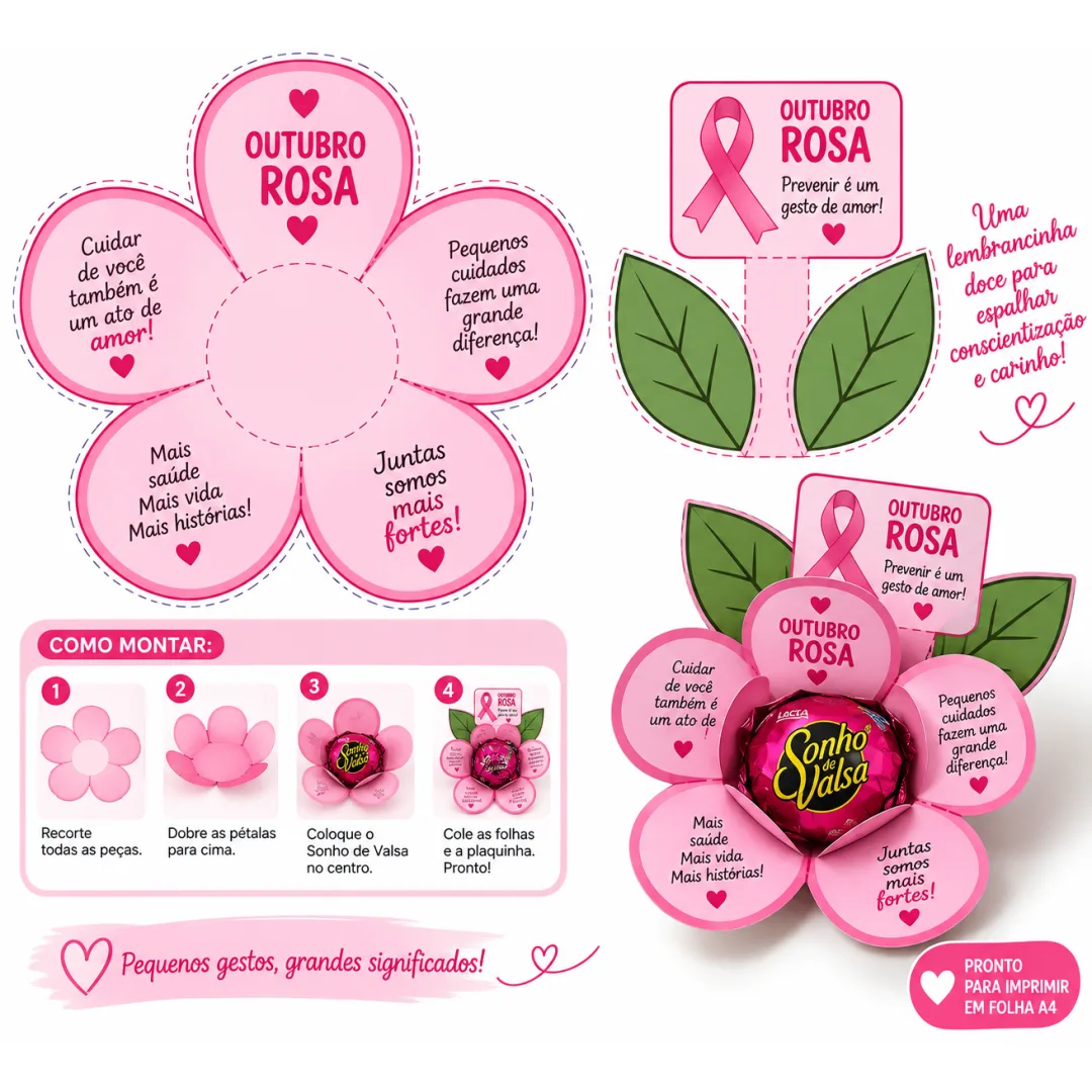 Kit Outubro Rosa – Marcadores de Página + Flor para Bombom Sonho de Valsa PDF para Imprimir
