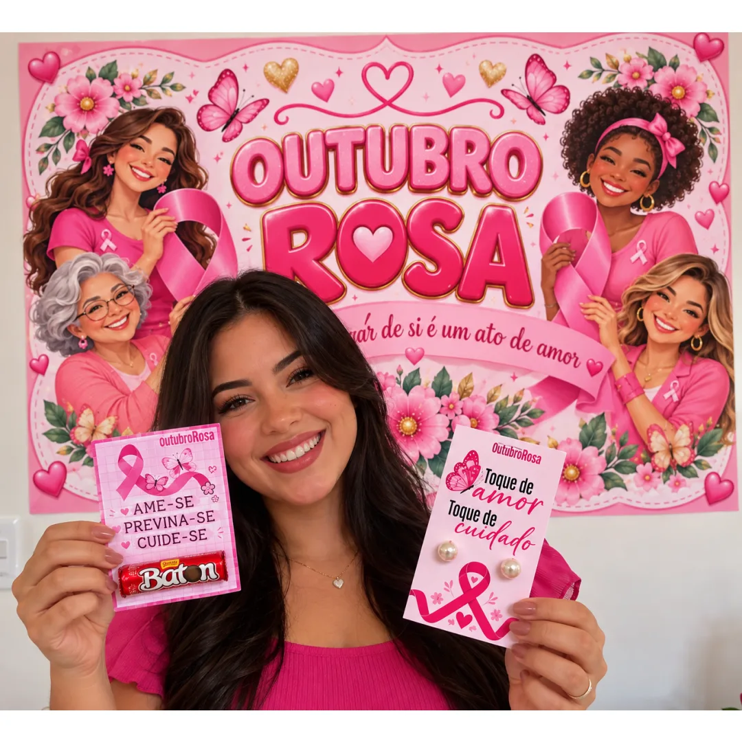 Kit Outubro Rosa – Painel + Cartões + Lembrancinhas Porta-Brinco e Chocolate em PDF Para Educação Infantil e Fundamental