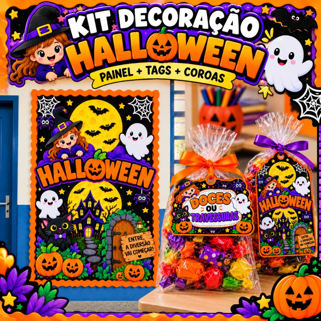 Kit Painel de Halloween + Tags e Coroas para Decorar 1 Ao 5º Ano em PDF