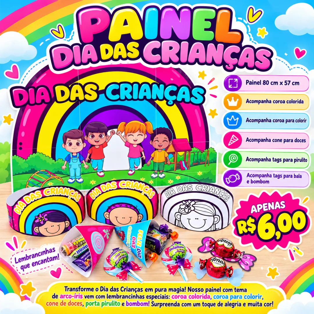 Kit Painel Dia das Crianças Arco-Íris + Coroas e Lembrancinhas em PDF