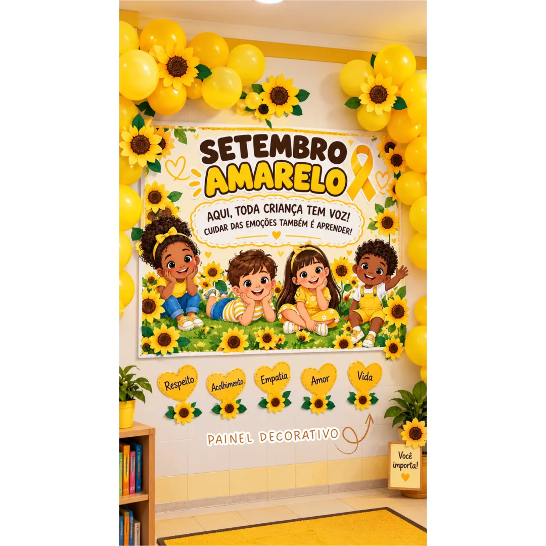 🌻 KIT SETEMBRO AMARELO - PAINEL+VISEIRA PARA FOTO+CARTÃO LEMBRANCINHA