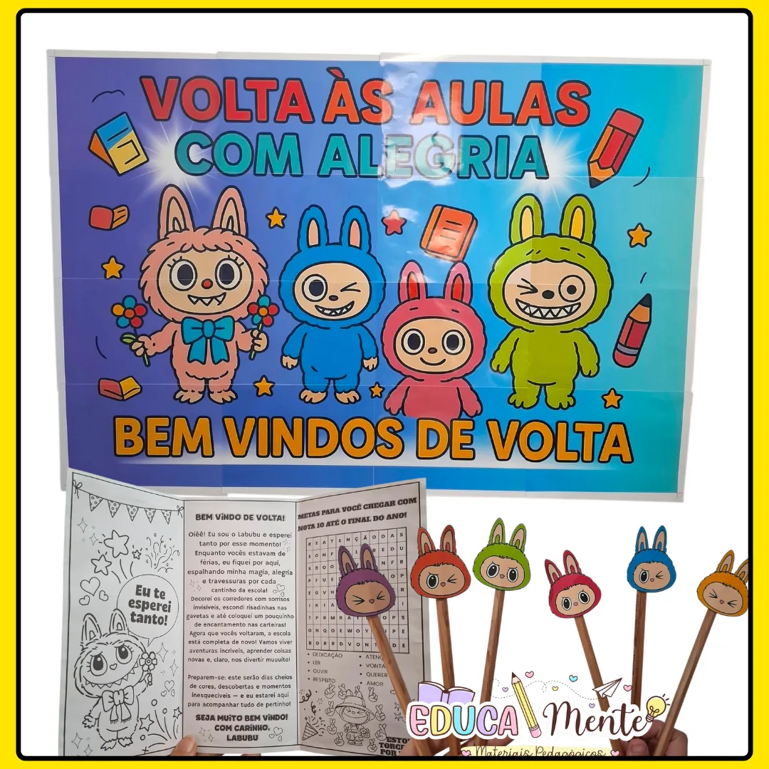 🩵 KIT VOLTA ÁS AULAS LABUBU - PAINEL + FLIPBOOK + PONTEIRA DE LÁPIS 🩷