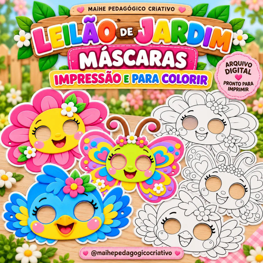  Leilão De Jardim – Kit Máscaras Para Impressão E Para Colorir - Educação Infantil - Arquivo Digital  