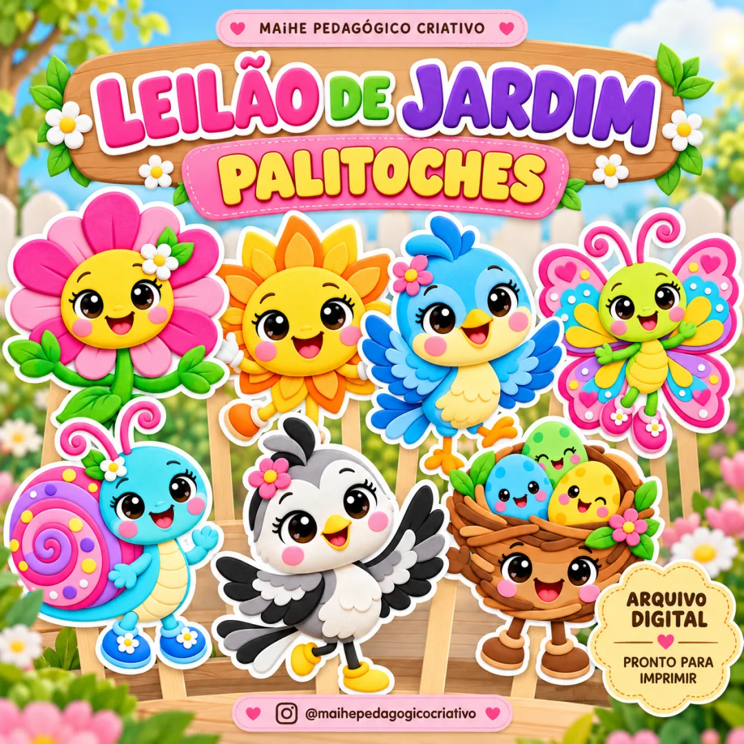 Leilão De Jardim – Kit Palitoches com 16 Personagens - Educação Infantil - Arquivo Digital