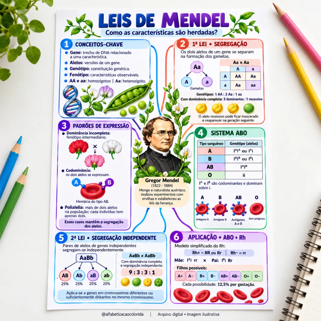 Leis de Mendel: Mapa Mental Ilustrado de Genética em PDF