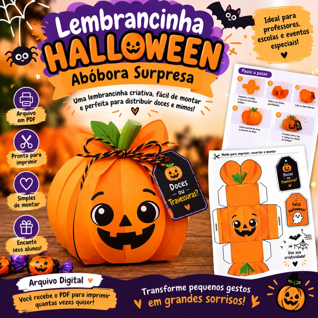 Lembrancinha Halloween Abóbora Surpresa – Molde em PDF Educação Infantil