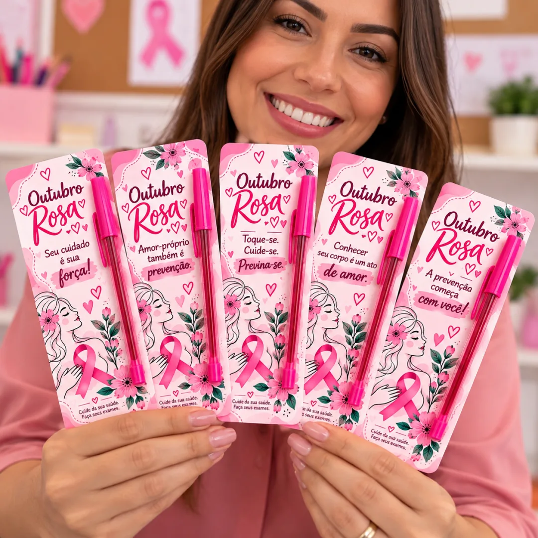Lembrancinha Outubro Rosa para Imprimir 5 Tags para Caneta com Frases de Prevenção ao Câncer de Mama