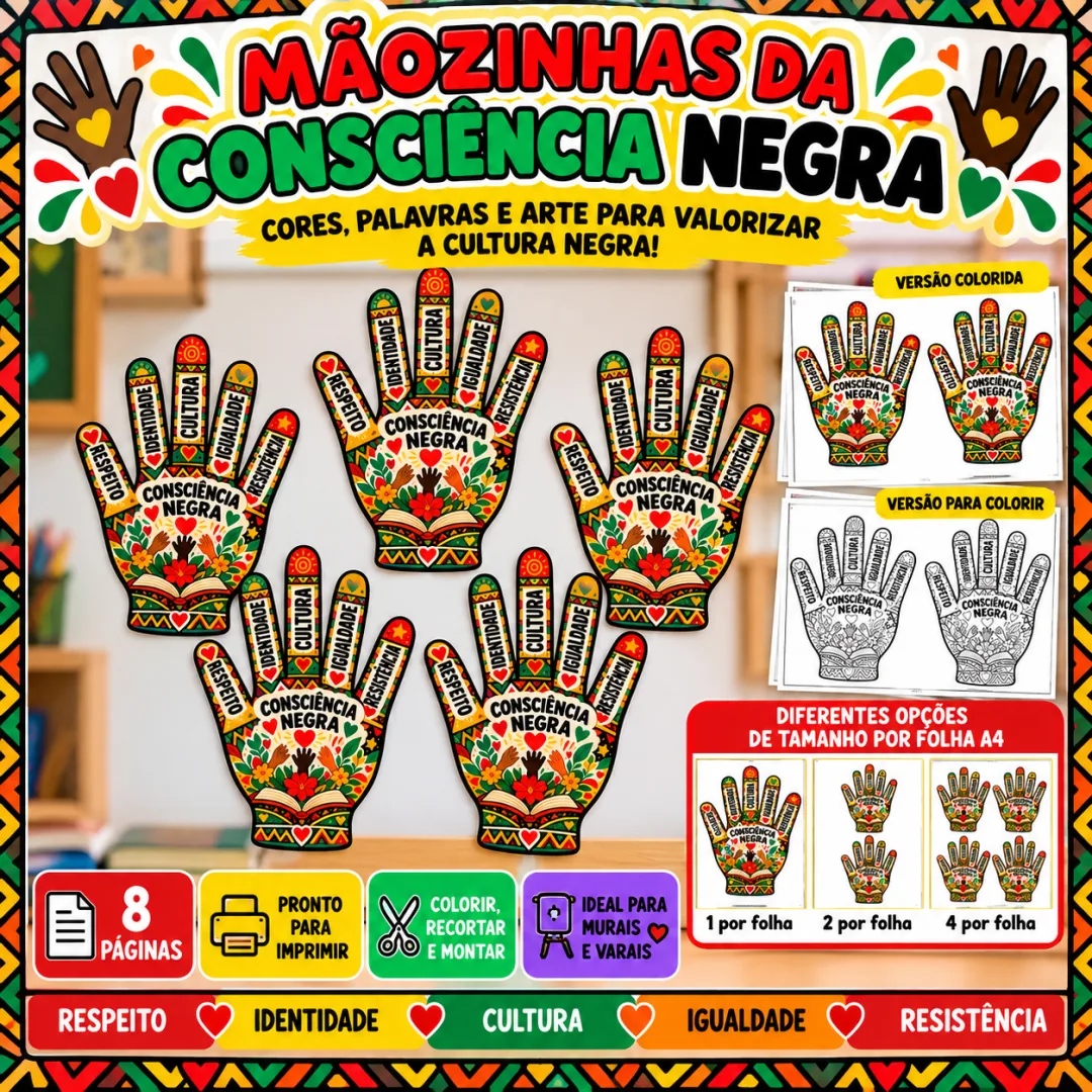 Mãozinhas da Consciência Negra: Colorir e Montar Murais 1º Ao 5º Ano em PDF