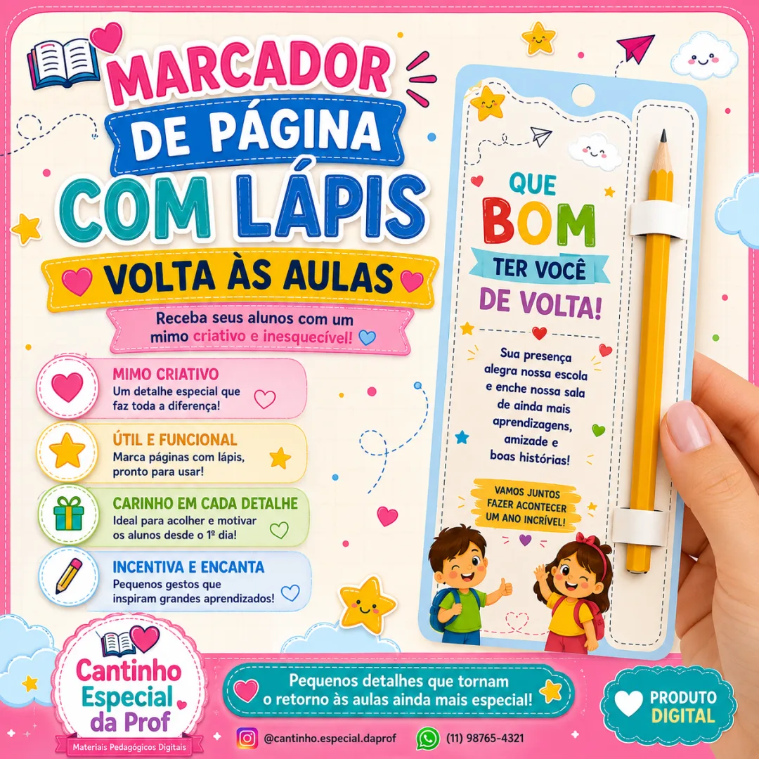 📚✨ MARCADOR DE PÁGINA COM LÁPIS – VOLTA ÀS AULAS ✨ 📚