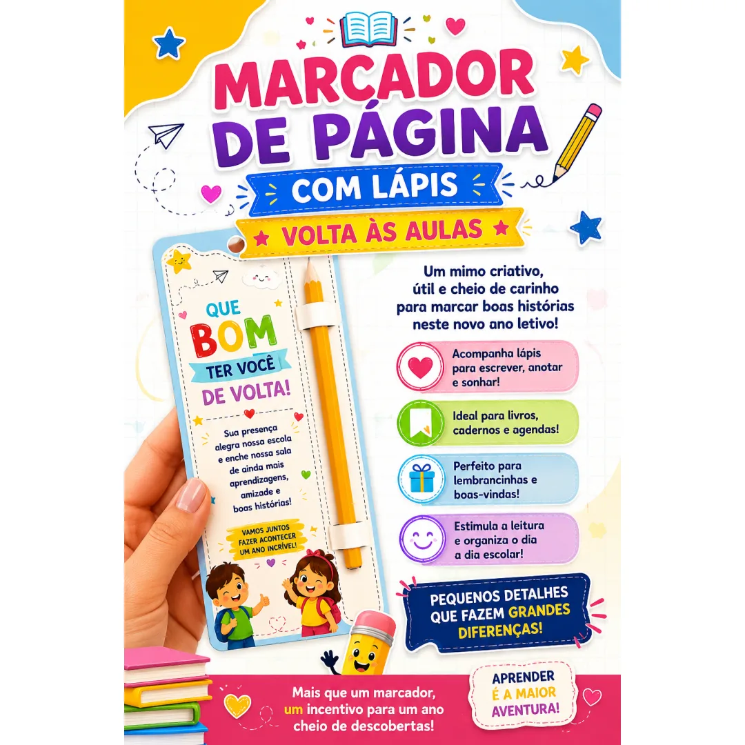 📚✨ MARCADOR DE PÁGINA COM LÁPIS – VOLTA ÀS AULAS ✨ 📚