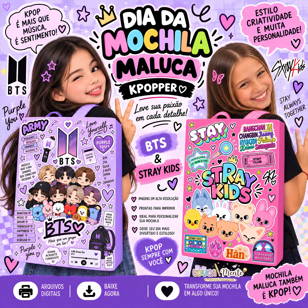 💜🎒 MOCHILA MALUCA KPOPPER – BTS & STRAY KIDS 🎶🫰