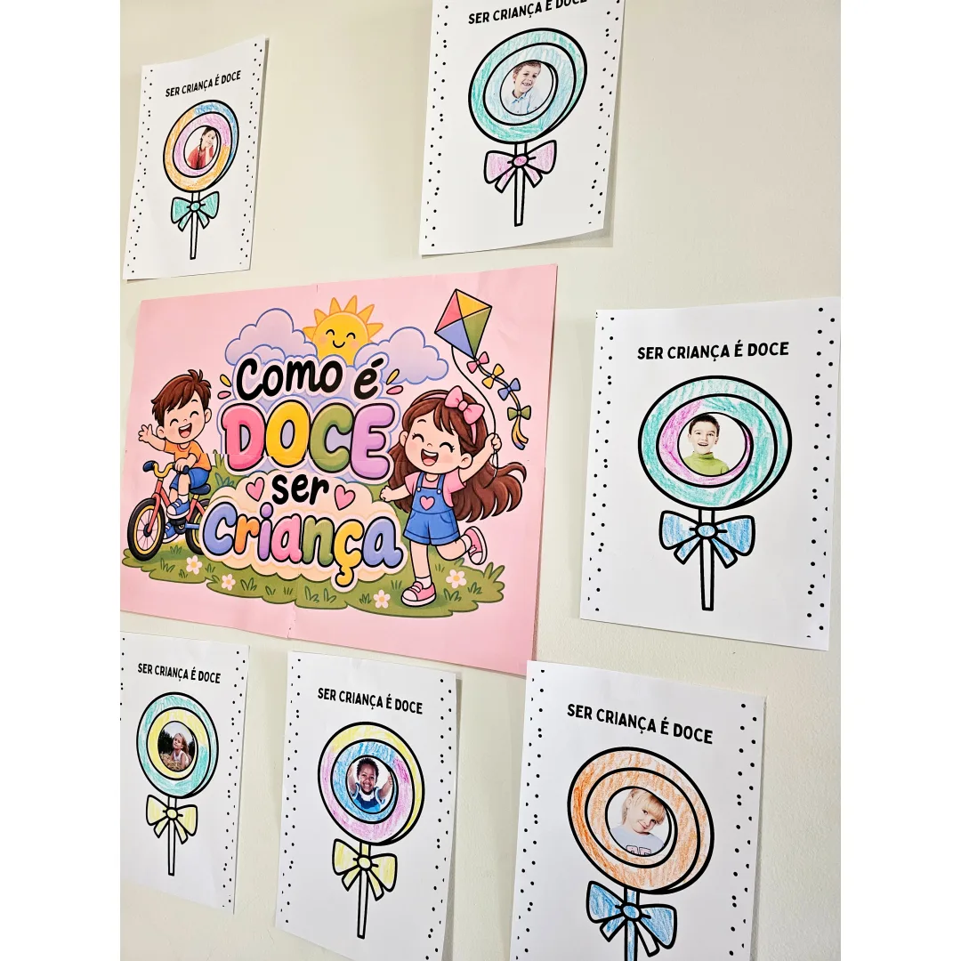 Mural Dia das Crianças com Moldura de Pirulito Editável no Canva