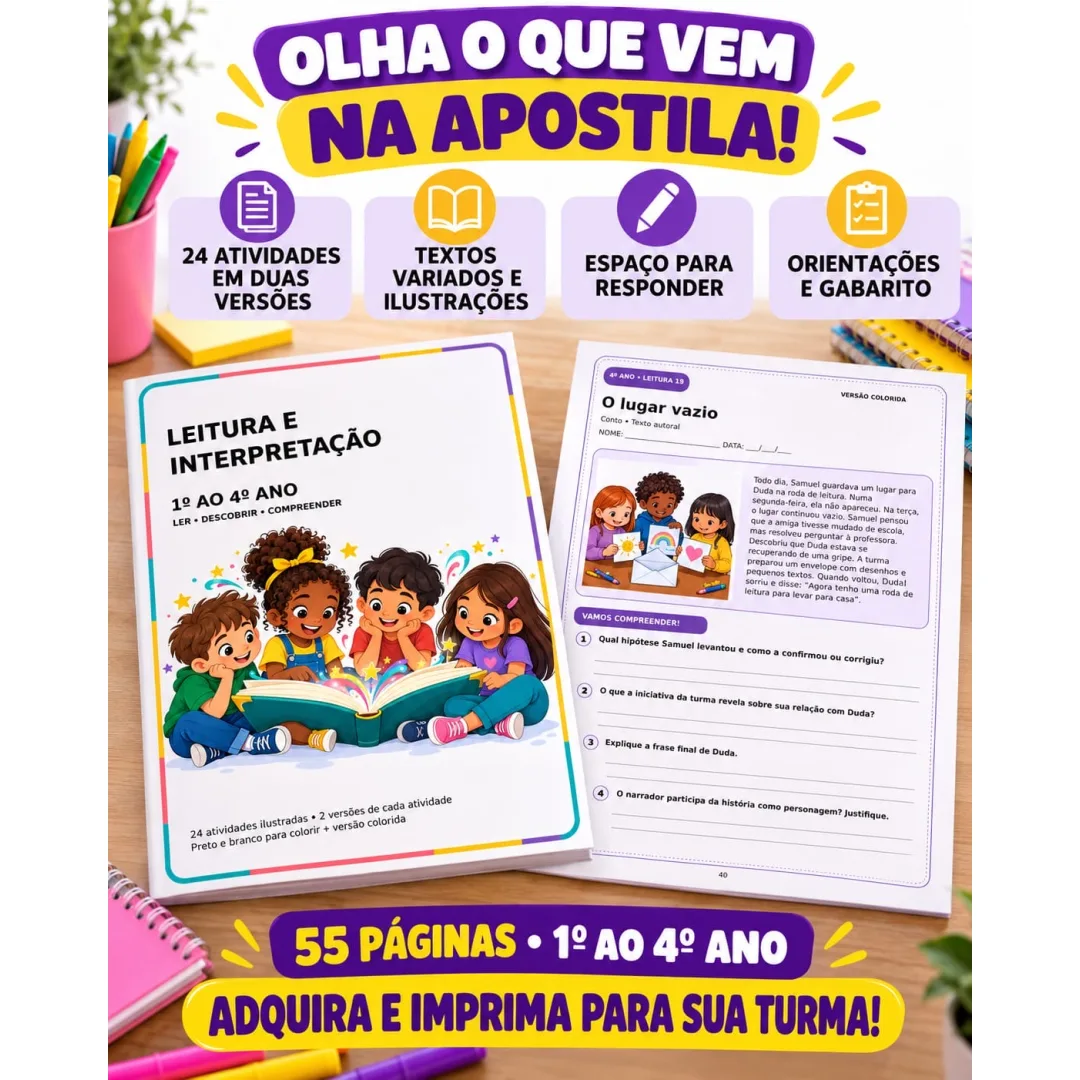 📚🌈 NOVIDADE PARA PROFESSORES! 🌈📚  ✨ APOSTILA DE LEITURA E INTERPRETAÇÃO – 1º AO 4º ANO ✨  💖 Que tal transformar sua