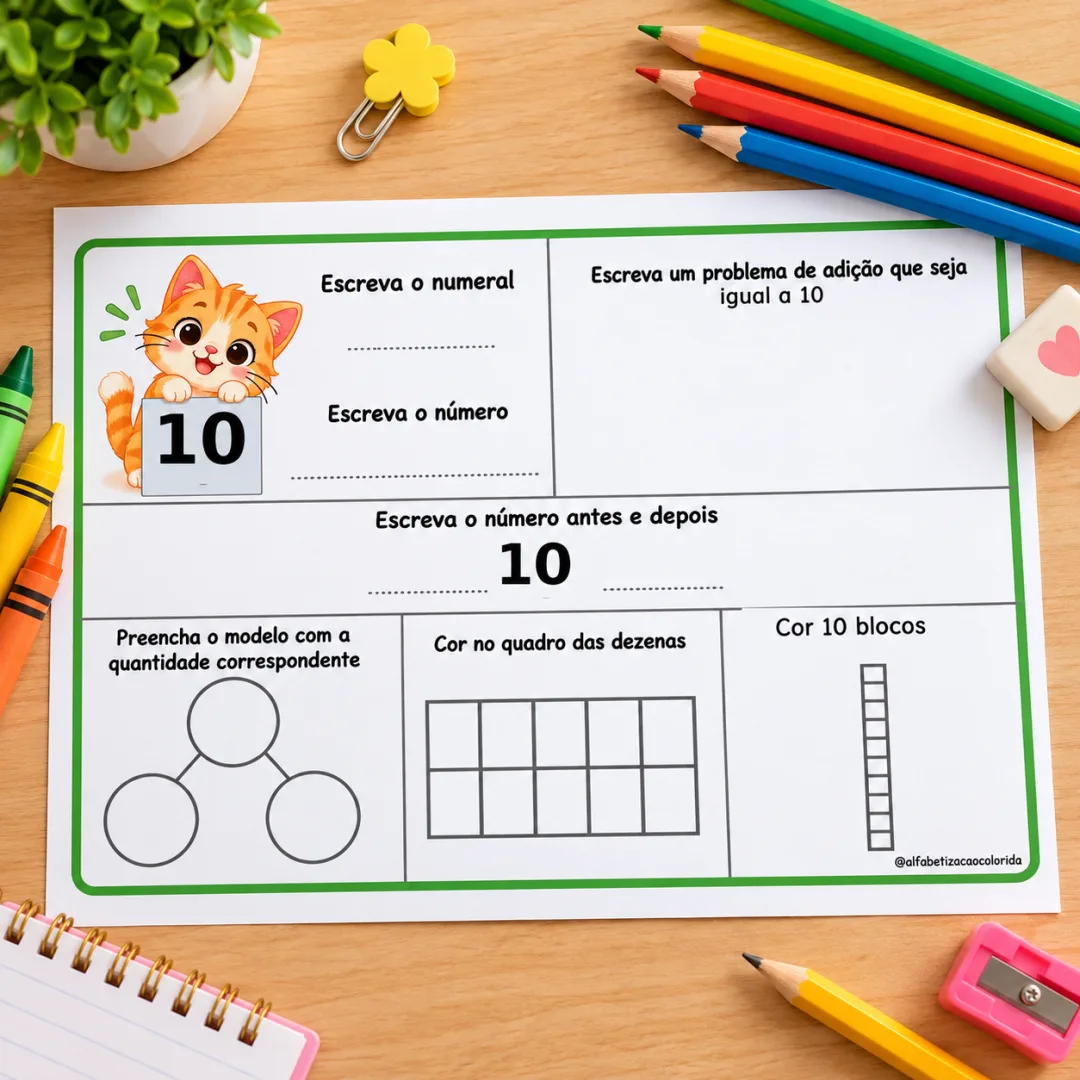 Numerais de 1 a 10 com Gatinho – Kit de Atividades de Matemática para Imprimir em PDF