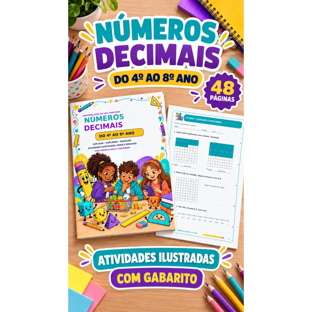 📚✨ NÚMEROS DECIMAIS DO 4º AO 8º ANO! 💰9,99 Uma apostila para explorar os números decimais com exemplos, atividades ilu