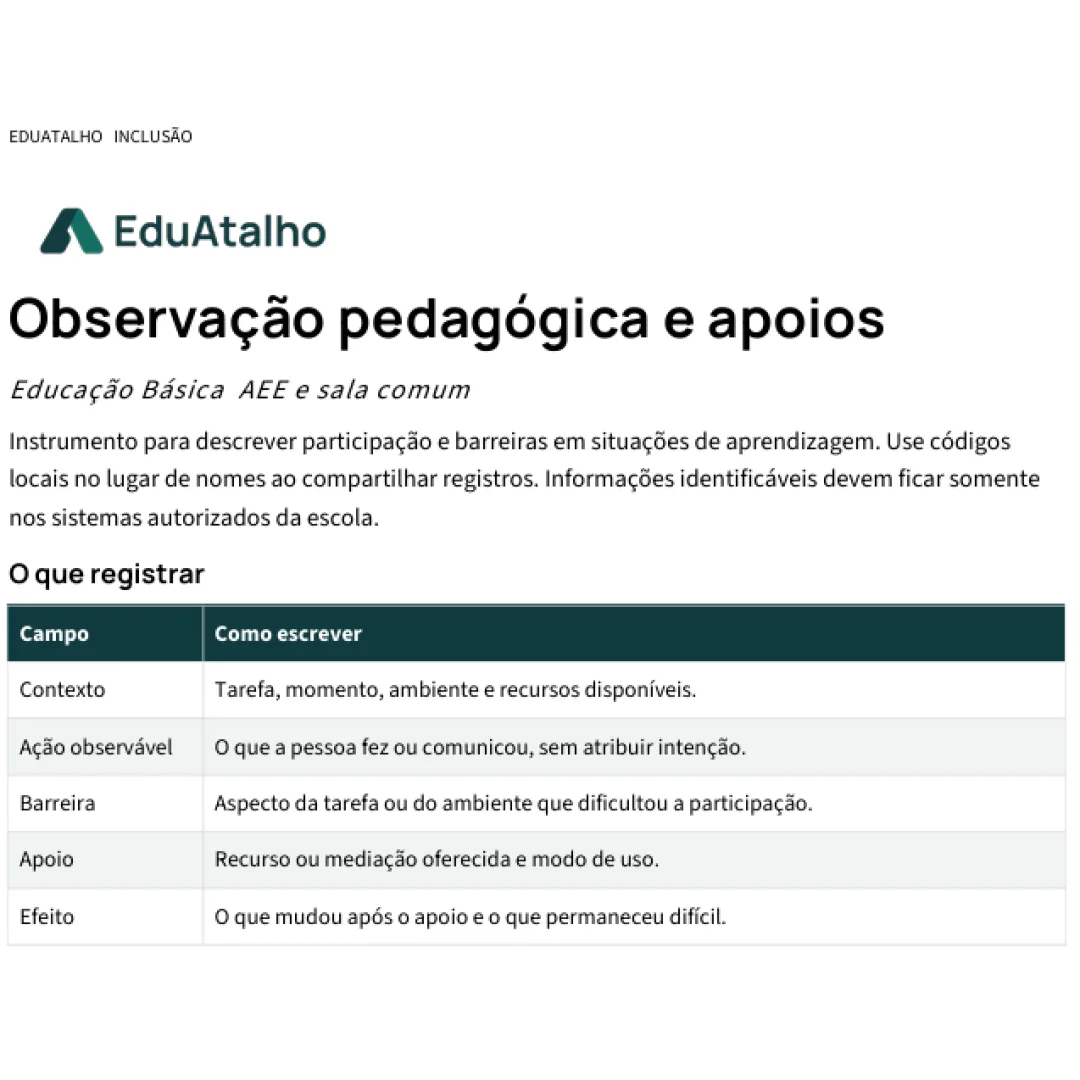 Observação Pedagógica e Apoios – Registro de Barreiras, Participação e Estratégias de AEE em PDF