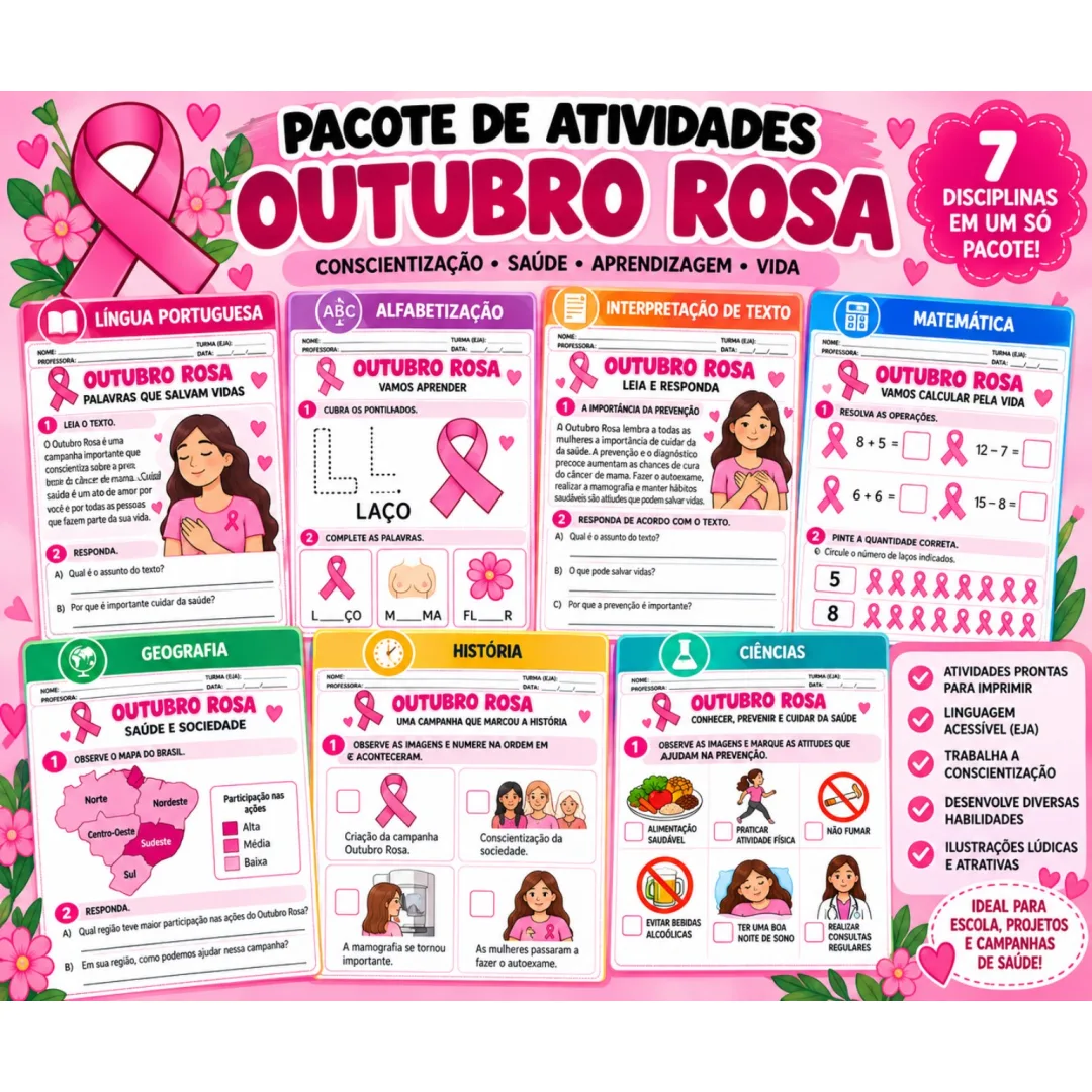 Pacote de Atividades Outubro Rosa PDF - Alfabetização com cartaz