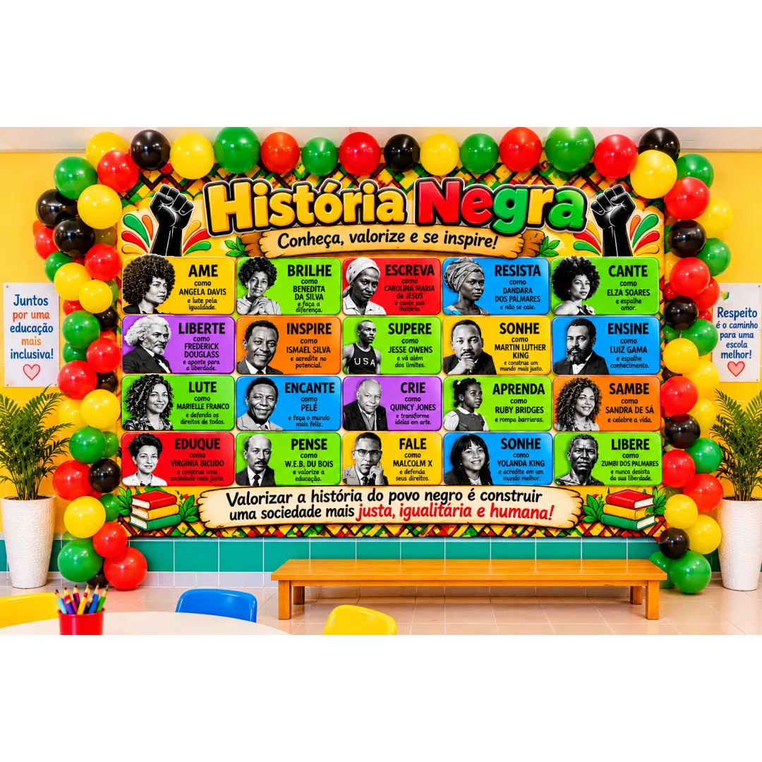 Painel história negra- Conheça, valorize e se inspire! Educação infantil, ensino fundamental e médio. Arquivo em PDF