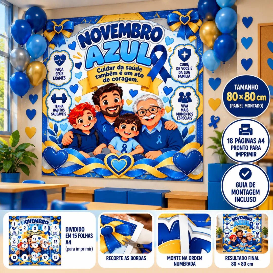 Painel Novembro Azul 80x80 Cm:Família e Prevenção em PDF para Imprimir