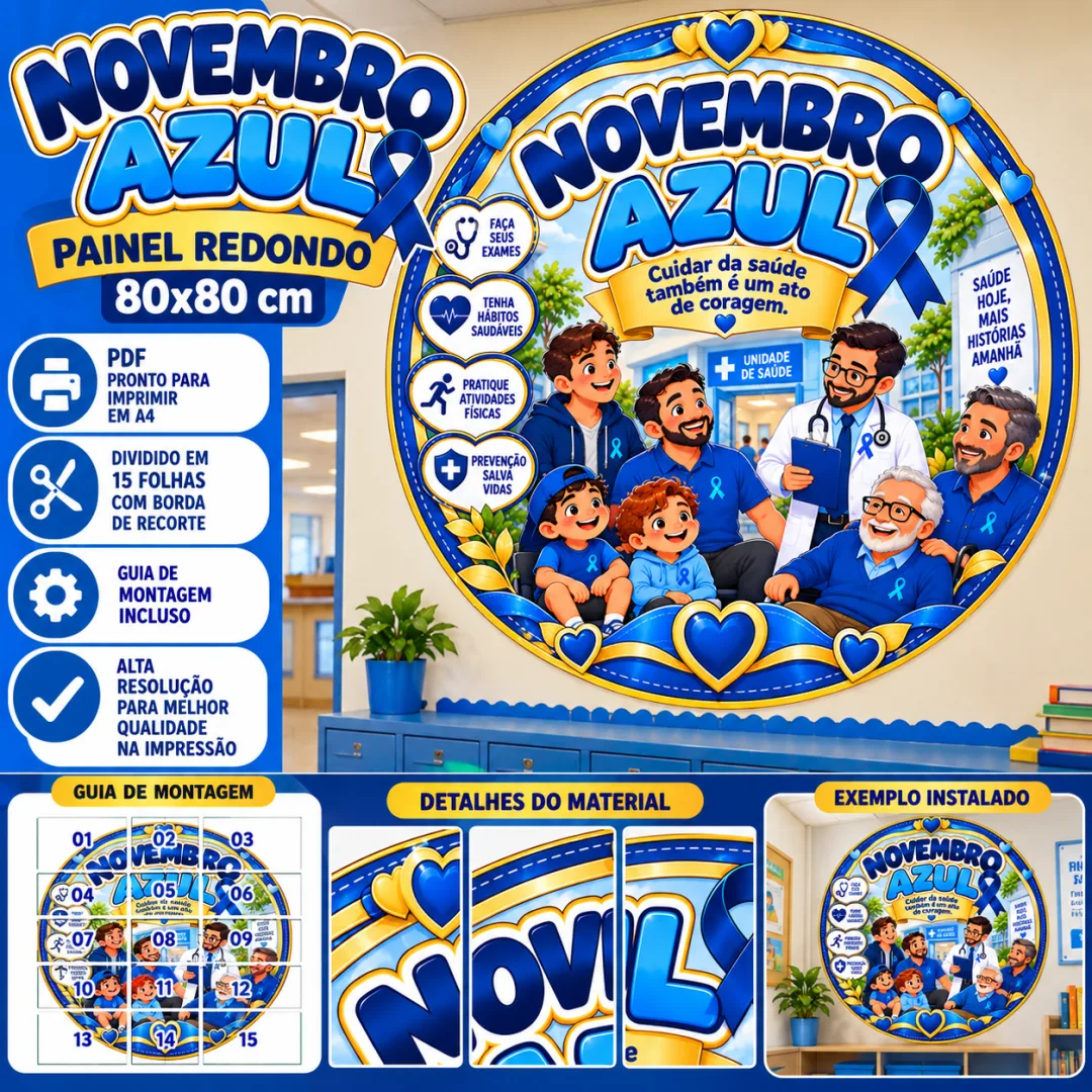 Painel Novembro Azul Redondo 80x80 cm – Família e Prevenção em PDF para Imprimir