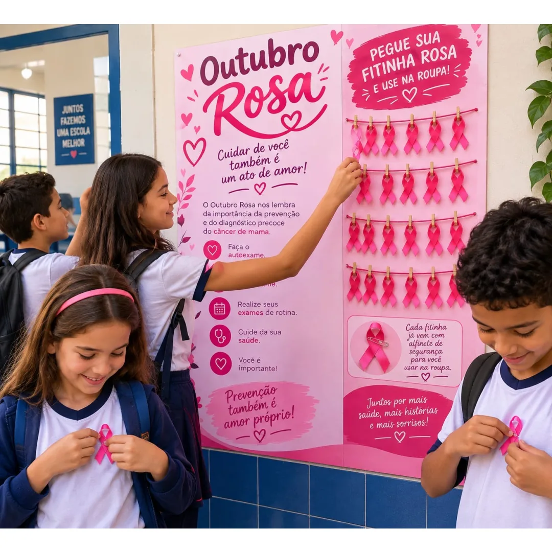 🎀 PAINEL OUTUBRO ROSA INTERATIVO 🎀 💰6,00 As pessoas podem retirar uma fitinha do próprio painel e participar desse mo