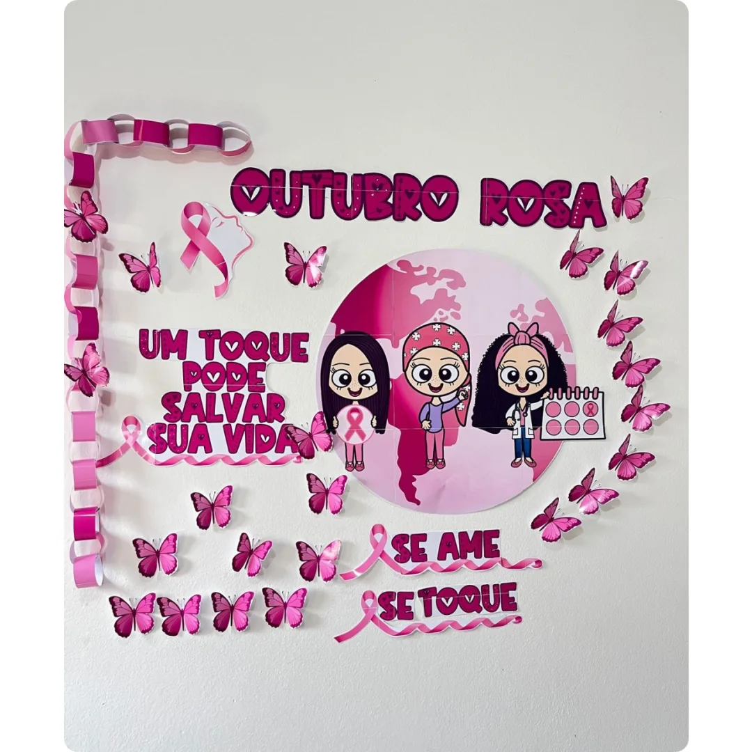 Painel Outubro Rosa Pronto para Imprimir com Borboletas 3D