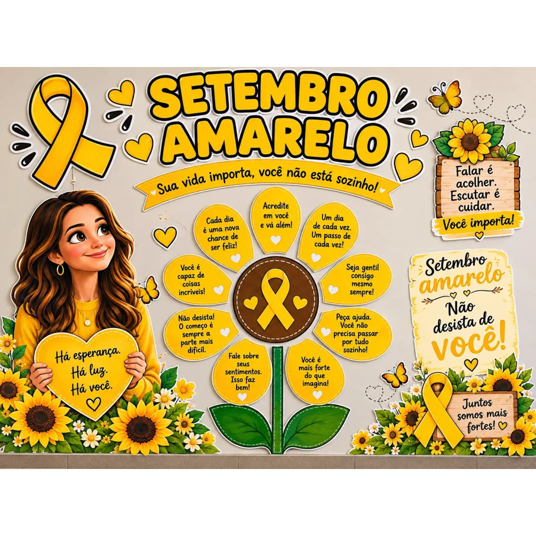 💛 *PAINEL SETEMBRO AMARELO  PARA ÁRIA EXTERNA* – 50 PÁGINAS 💛 💰10,00 Um painel lindo, acolhedor e cheio de mensagens 