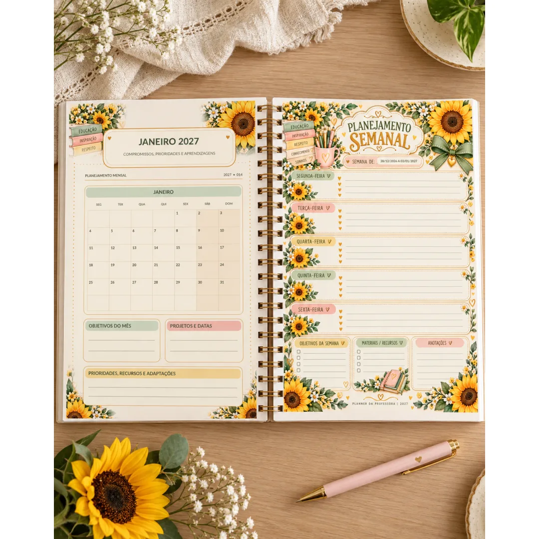 PLANNER DA PROFESSORA 2027 — SEU ANO EM FLORES! ✨🌻 💛 Um novo ano merece um planejamento cheio de organização, carinho 