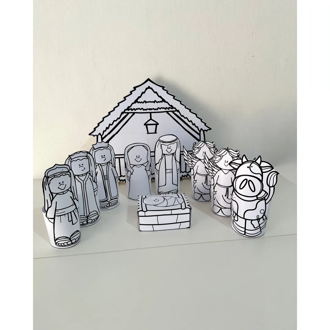 Presépio de Mesa 3D para Colorir — Natal Cristão em PDF