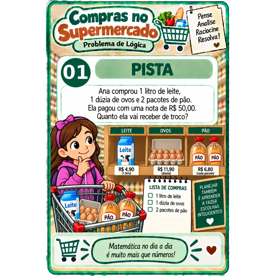 3, 4, 5 anos - Problemas matemáticos- Compras no supermercados jogo de cartas para PDF