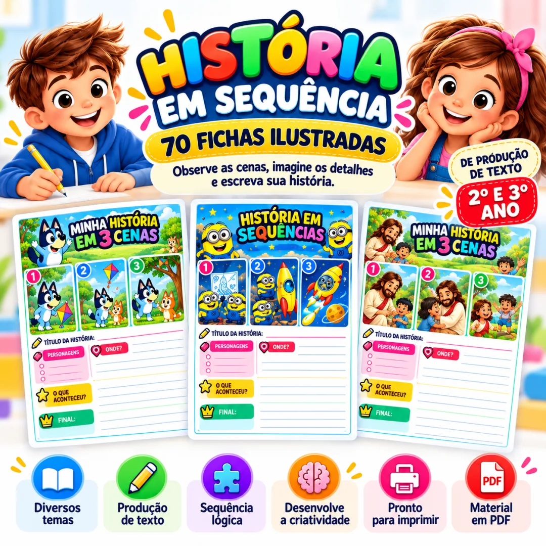 História em sequencia  - Fichas Ilustradas para Educação Infantil - PDF com 70 fichas