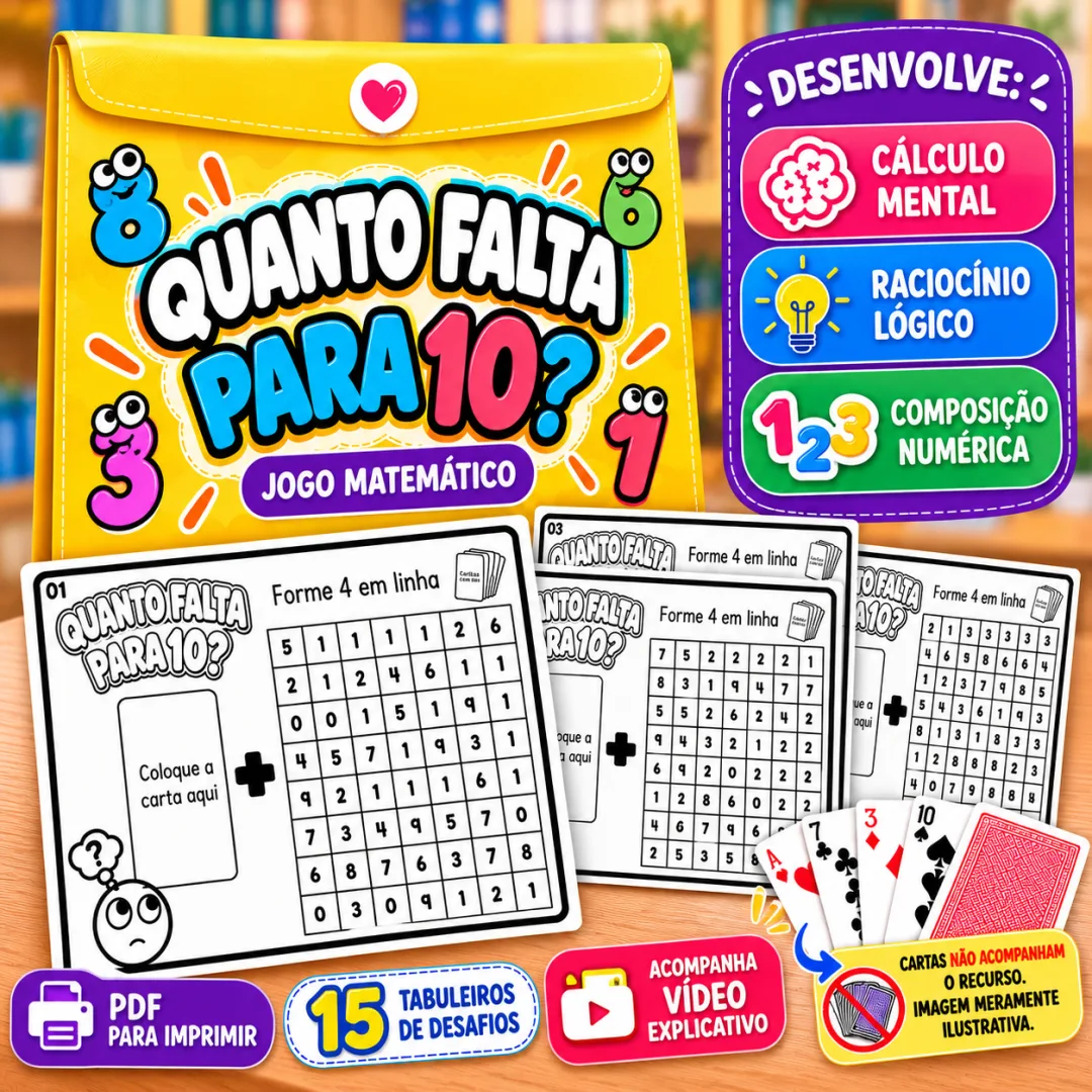Jogo matemático Quanto Falta para 10 para o 1º ano, com desafios de cálculo mental em PDF