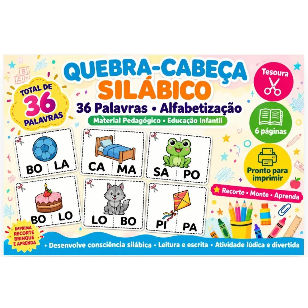 Quebra-Cabeça Silábico - 36 Palavras - Educação Infantil - PDF