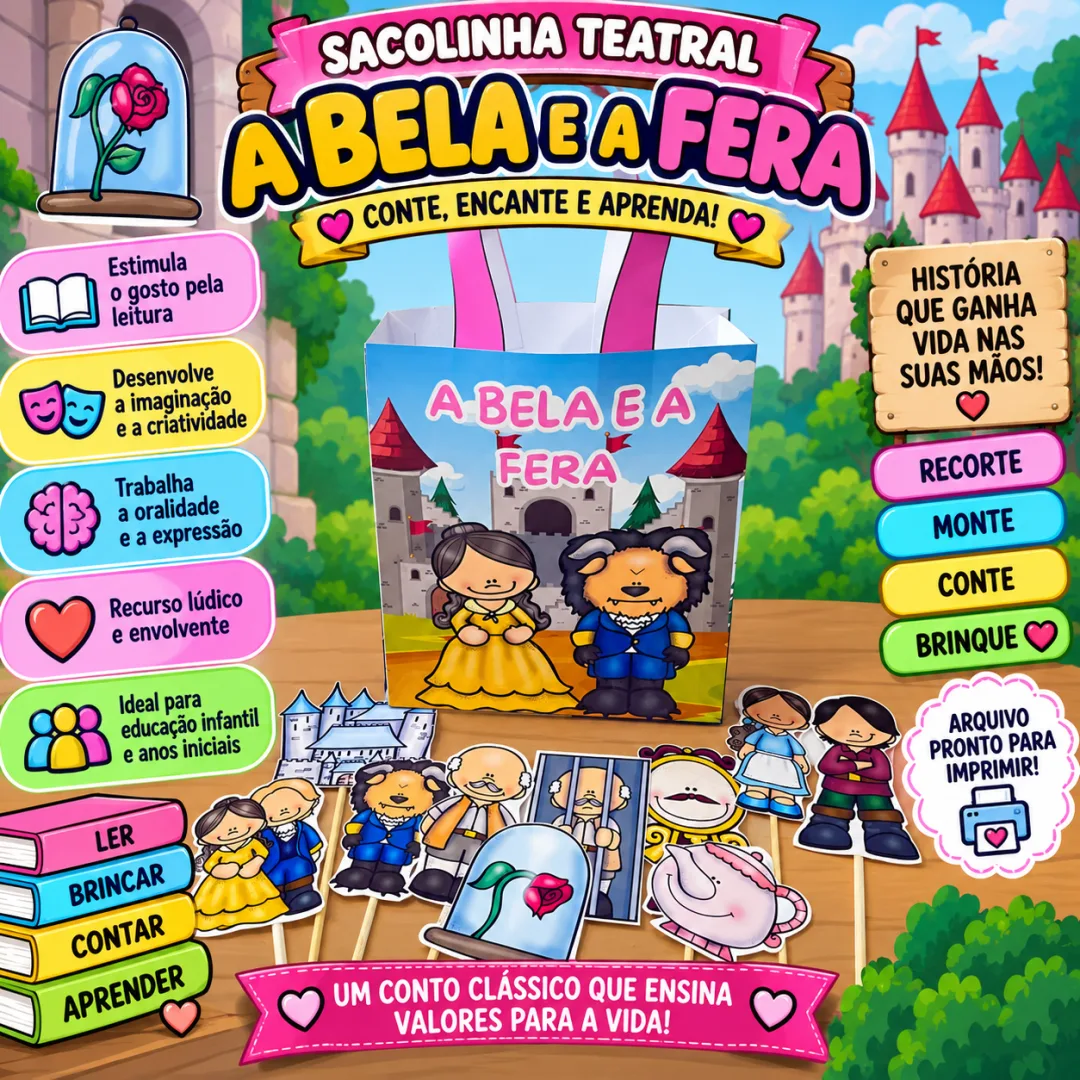 🎭✨ SACOLINHA TEATRAL A BELA E A FERA – UM CONTO QUE GANHA VIDA! ✨🏰