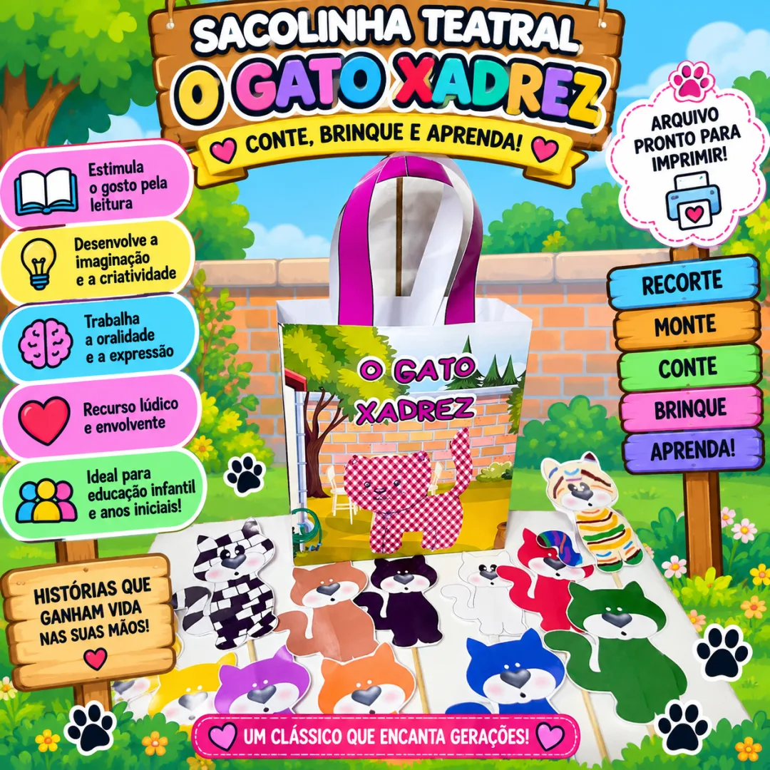🐱🎭 SACOLINHA TEATRAL GATO XADREZ – UMA HISTÓRIA QUE GANHA VIDA! ✨