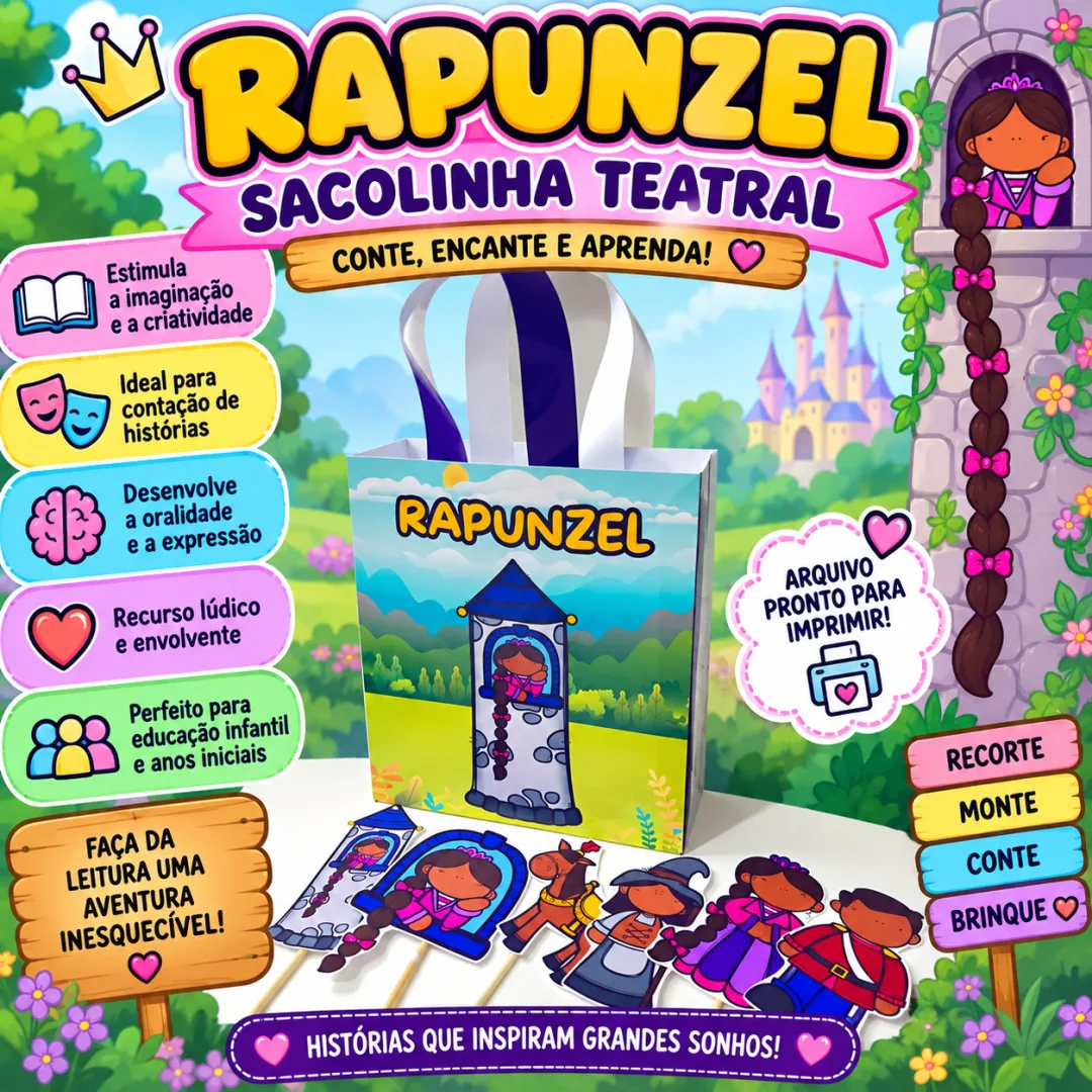🏰✨ SACOLINHA TEATRAL RAPUNZEL – UMA HISTÓRIA PARA ENCANTAR! ✨🎭