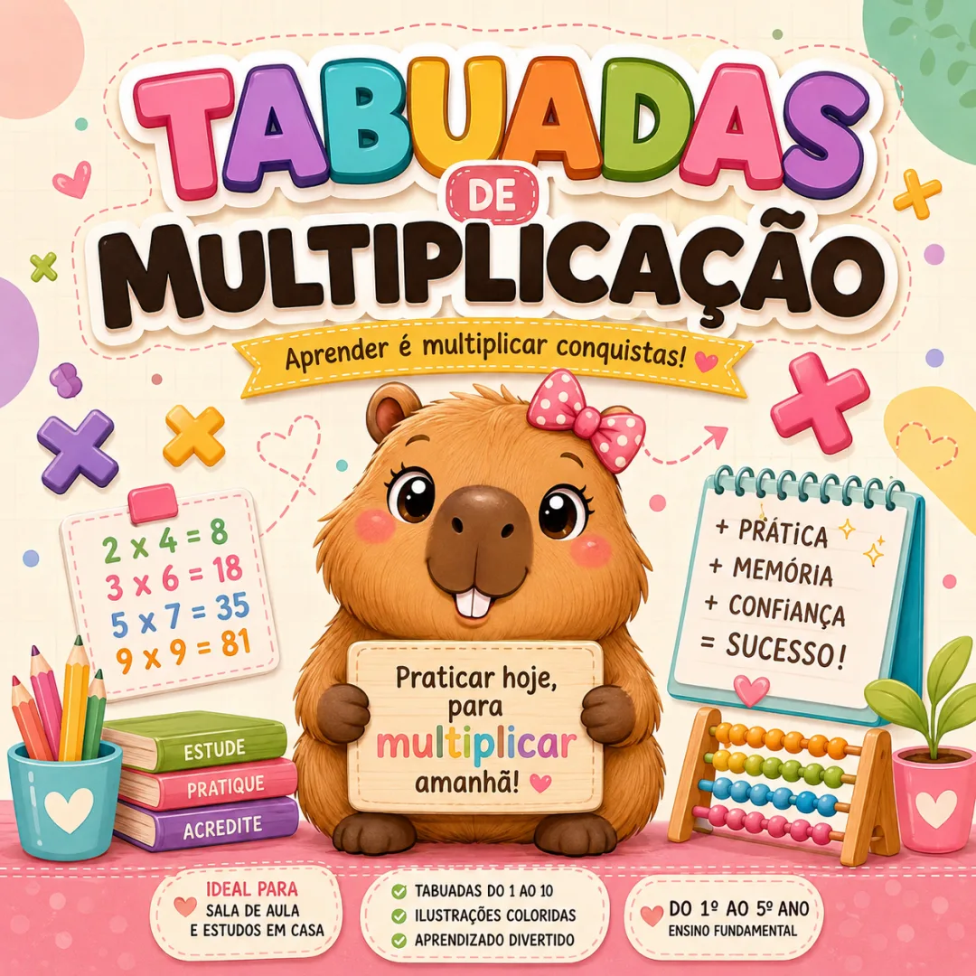 Tabuadas de Multiplicação  do 1 ao 10 com tema Capivara