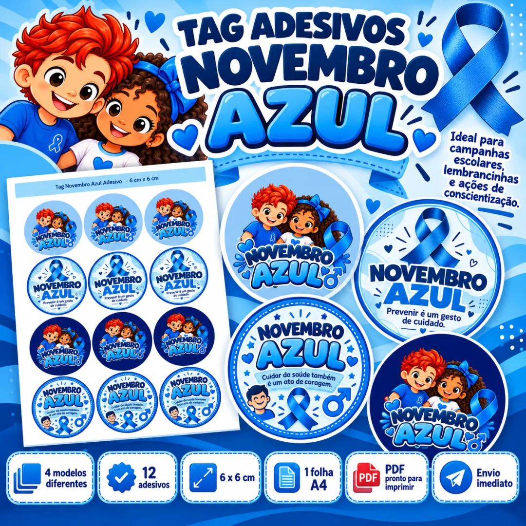 Tags Adesivas Novembro Azul Educação Infantil 12 Unidades 6x6 Cm em PDF