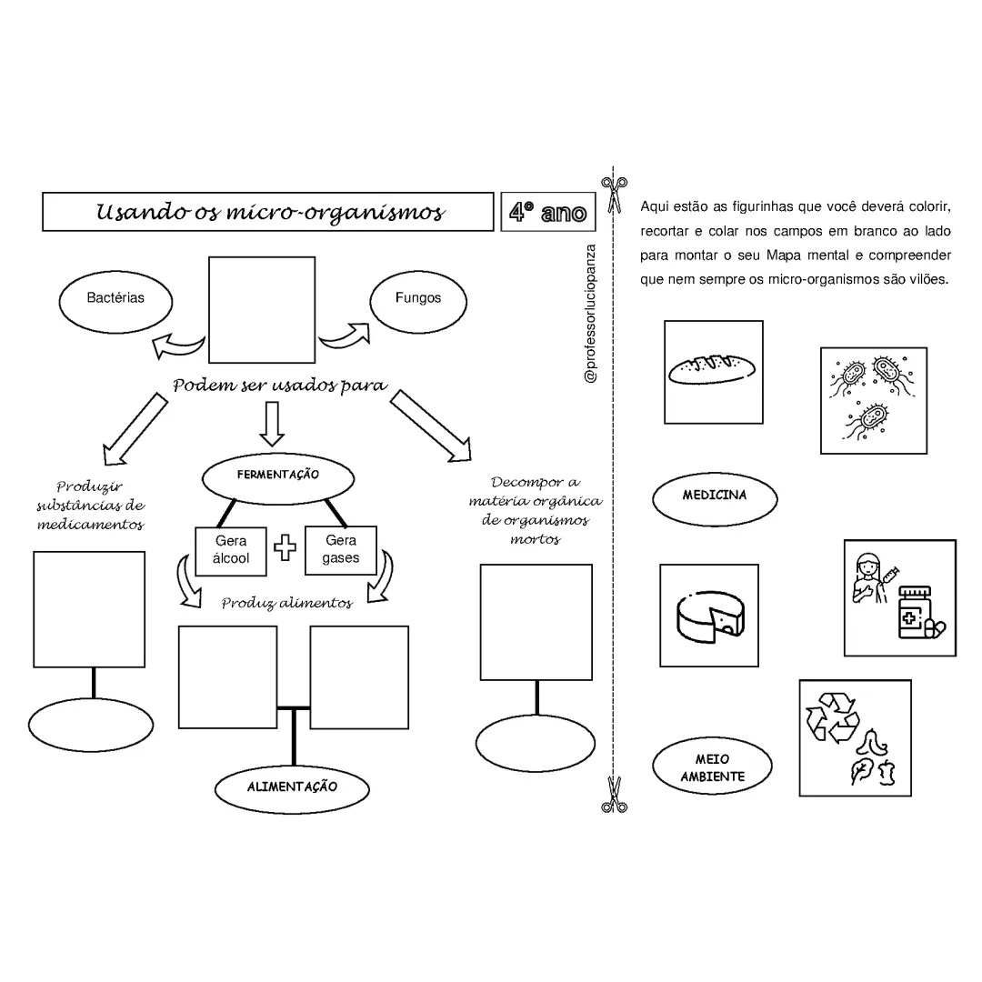 Usando Microorganismos Mapa Mental Recorte e Colagem em PDF 4° Ano