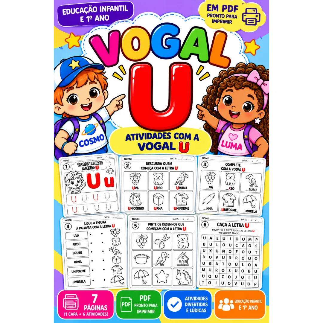 Vogal U: 6 Atividades de Alfabetização Educação Infantil e 1º Ano PDF para Imprimir